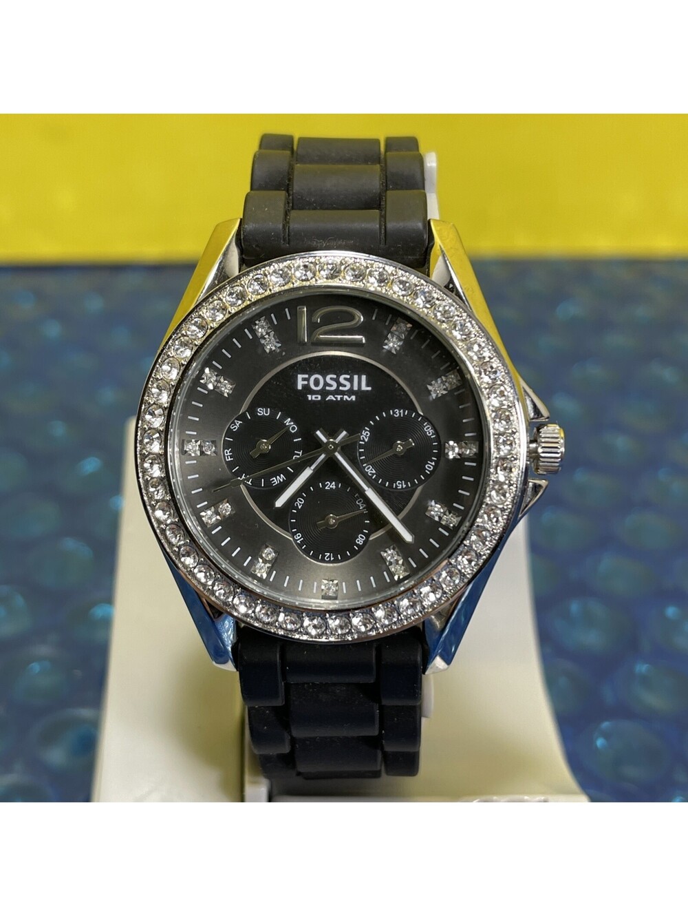 Fossil Riley Womans Watch ES2345 Multifunction Black Crystal Silicone 100m Works